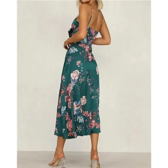 Dark Green Floral Print Satin Tie Front Cami A-Line Dress Flowy Midi Party Dress - Picture 4 of 6